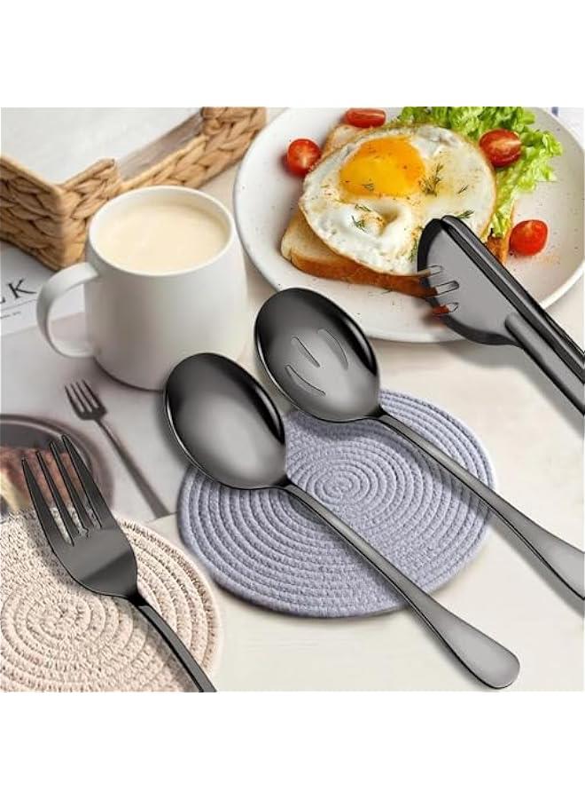 هوكور مجموعة ادوات تقديم الطعام من الستانلس ستيل مكونة من 8 قطع مع ملعقة تقديم كبيرة وملاعق مشقوقة وشوك ومغرفة شوربة وملاقط تقديم للمطبخ والبوفيه (اسود) - Image 4