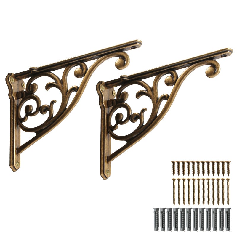 Khtumeware Ornate Decorative Shelf Brackets 5x35 inch Small Wall Mounted Shelving Bracket 2 Pack Antique Brass Vintage Metal Shelf Bracket Victorian Wall Bracket 2 Antique Brass