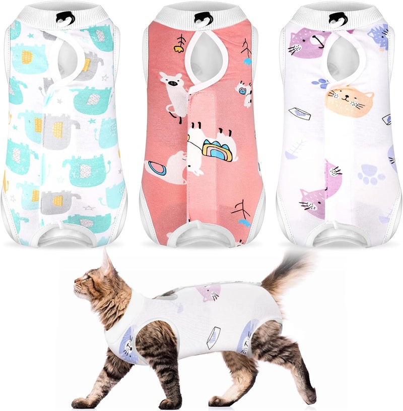 Nuanchu 3 Pieces Cat Recovery Suit Kitten Recovery Suit E-Collar Alternative for Cats and Dogs Abdominal Skin Anti Licking Pajama Suit (Cute Pattern, Small) - Image 1