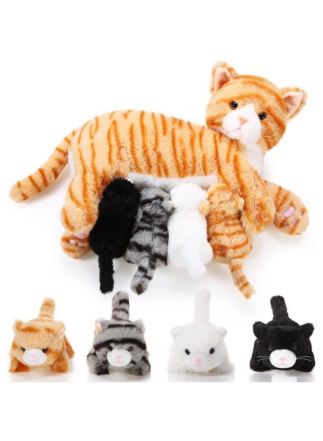 Skylety Nurturing Cat Stuffed Animal: Plush Mommy Kitty & 4 Kittens For Girls Boys Birthday Gifts (Cute Style) - Image 1