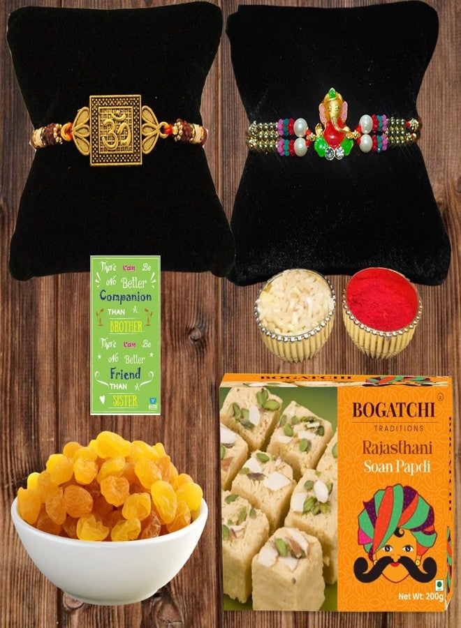 BOGATCHI Complete Rakhi Gift Hamper Sweets and Dry Fruits, Best Gift for Brother, Traditional Soan Papdi(200g) & Natural Raisins (50g) + Free Rakhi Greeting Card + Free Rakhi + Roli Chawal - Image 1