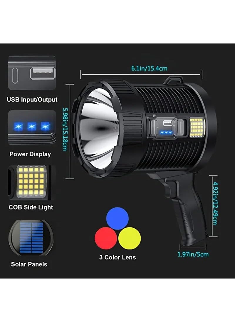 BLURISM BLURISM Black Rechargeable Spotlight 90000 Lumens Handheld Hunting Flashlight Led Spot Light with Cob Light and Solar Panels Lightweight and Super Bright Spotlight for Hunting Boating Camping  - Image 4