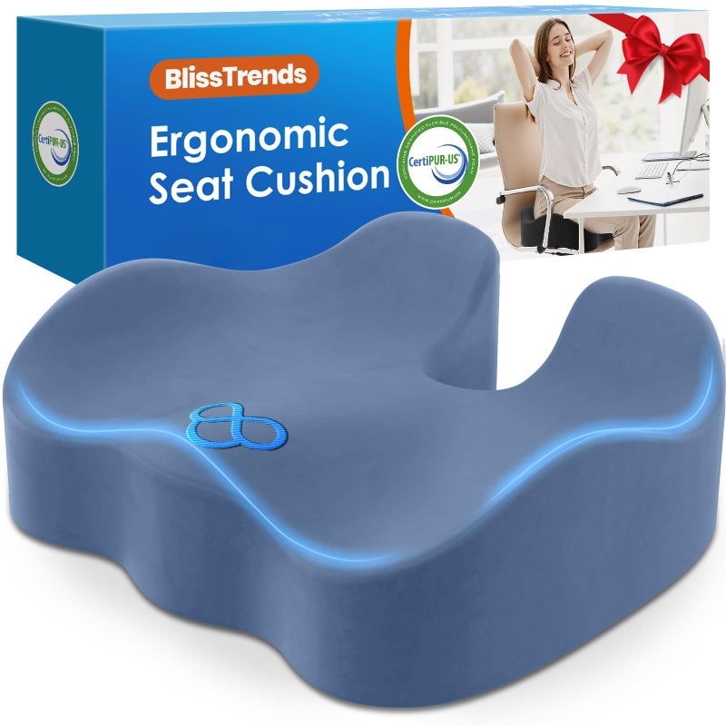 BlissTrends Seat Cushion,Thick Memory Foam Cushions for Office Chair, Car Seat, Airplane, Relieving Pressure Tailbone Sciatica Back Pain for Office Workers, Car Drivers 4.7in Thick LightBlue - Image 1