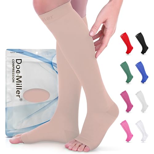 Doc Miller Open Toe Compression Socks for Women & Men 15–20 mmHg, Knee High Calf Support Sleeves, Graduated Stockings for Swelling Recovery, Circulation, 1 Pair - Image 3