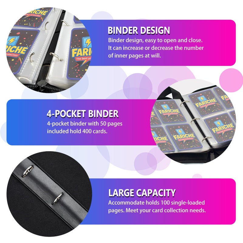FARICHE Trading Card Binder for TCG Cards, 4-Pocket Portable Card Collector Ablum Holder Book Fits 400 Cards with 50 Removable Sleeve, Waterproof Card Binder Display Storage Carrying Cases -Lightning - Image 4