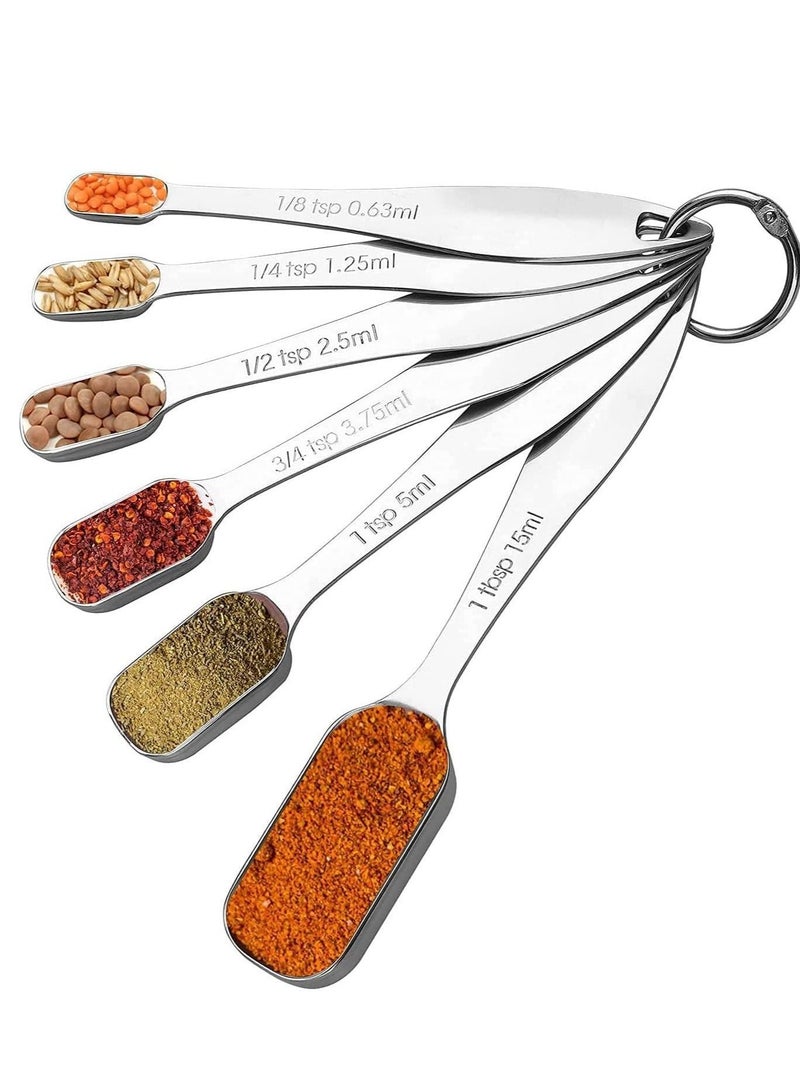 NIBEMINENT Measuring Spoons Set, Stainless Steel Spoons, Exact Kitchen Utensils When Dry Or Liquid Ingredients for Narrow Spice Jars (6 Pcs-Silver) - Image 2