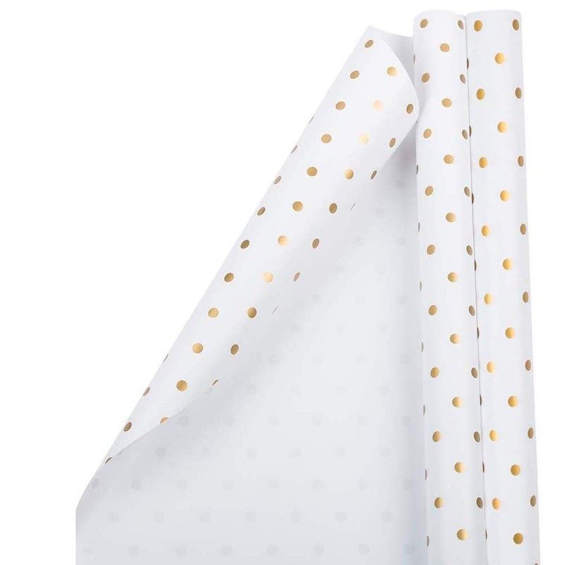 JAM Paper Gift Wrap  Polka Dot Wrapping Paper  50 Sq Ft Total 30 in x 10 Ft Each  White with Gold Foil Dots  2 RollsPack