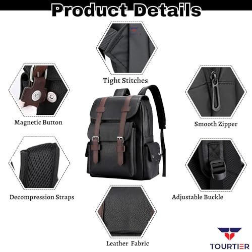TOURTIER PU Leather Large Capacity Casual Business Laptop Bag, Backpack for Travel, Sports, Business, College, School (BLACK) - Image 3