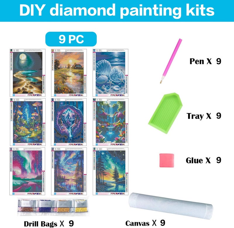Meothan 9 Pack Diamond Art Kits for Adults, Landscape Diamond Painting Kits for Adults, 5D DIY Round Drill Gem Art Paint With Diamonds Dots Crafts Ste for Home Decor Gift 12x16in (Beach, Starry Sky, Forest) - Image 5