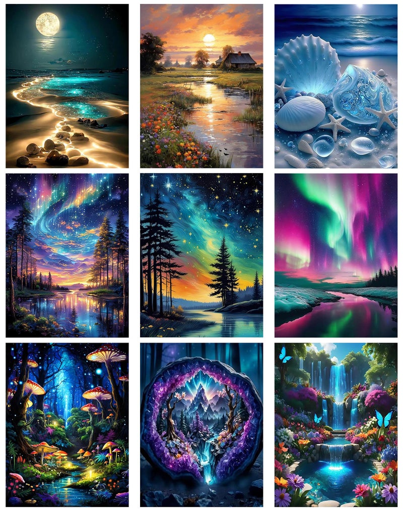 Meothan 9 Pack Diamond Art Kits for Adults, Landscape Diamond Painting Kits for Adults, 5D DIY Round Drill Gem Art Paint With Diamonds Dots Crafts Ste for Home Decor Gift 12x16in (Beach, Starry Sky, Forest) - Image 1