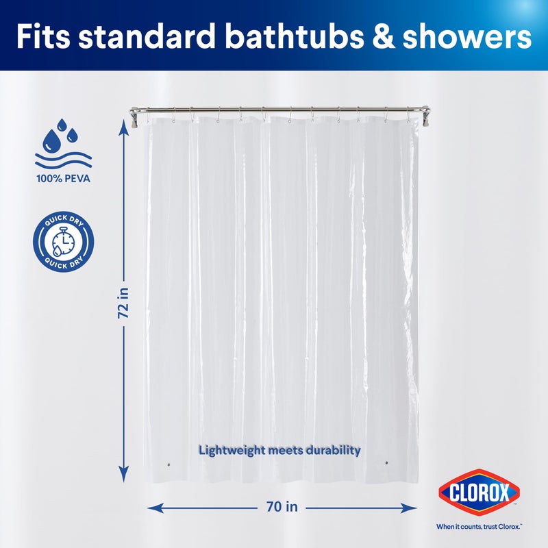 Clorox Shower Curtain Liner, Premium Lightweight Flexible Waterproof 3g PEVA for Bathroom with Weighted Magnets, Standard Size 70" x 72", Clear 1 Pack - Image 2