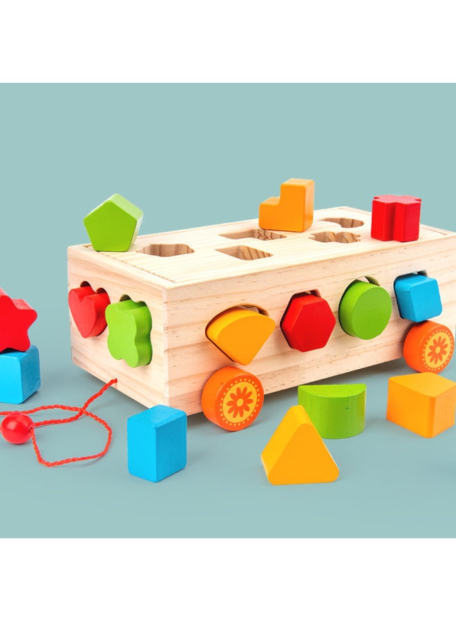 Direct Supply Children's Early Education Educational 17-hole Shape Building Blocks Trailer Wooden Wooden Car Three-dimensional Jigsaw-Color:17 Hole Shape Building Blocks Trailer - Image 3