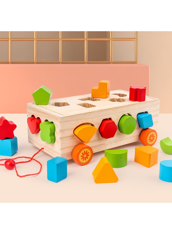Direct Supply Children's Early Education Educational 17-hole Shape Building Blocks Trailer Wooden Wooden Car Three-dimensional Jigsaw-Color:17 Hole Shape Building Blocks Trailer - Image 5