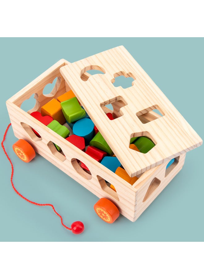 Direct Supply Children's Early Education Educational 17-hole Shape Building Blocks Trailer Wooden Wooden Car Three-dimensional Jigsaw-Color:17 Hole Shape Building Blocks Trailer - Image 4