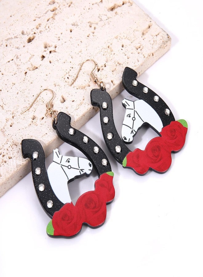 ARATLENCH Kentucky Derby Race Horse for Women Glitter Acrylic Rhinestone Horseshoe Rose Drop Dangle Earrings Jewelry Gift for Horse Racing Fan (black horseshoe earrings) - Image 5