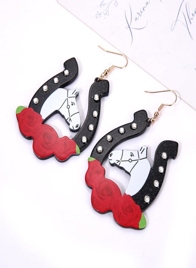 ARATLENCH Kentucky Derby Race Horse for Women Glitter Acrylic Rhinestone Horseshoe Rose Drop Dangle Earrings Jewelry Gift for Horse Racing Fan (black horseshoe earrings) - Image 3