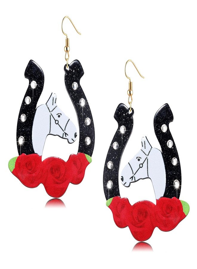 ARATLENCH Kentucky Derby Race Horse for Women Glitter Acrylic Rhinestone Horseshoe Rose Drop Dangle Earrings Jewelry Gift for Horse Racing Fan (black horseshoe earrings) - Image 1