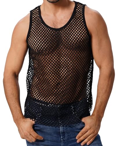 ABAFIP Men's Fishnet Mesh Tank Top Sleeveless Sheer Shirt Gym Workout Fitted Muscle Top Undershirt Black Medium - Image 5