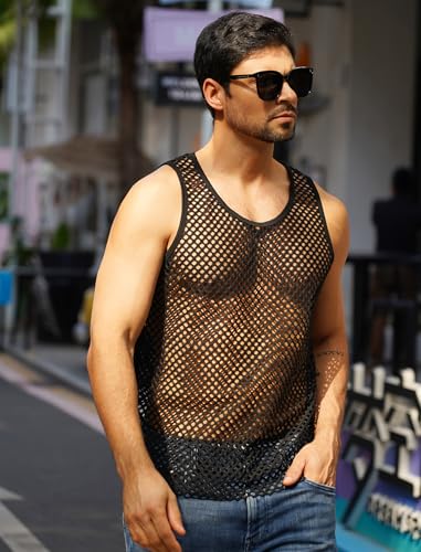 ABAFIP Men's Fishnet Mesh Tank Top Sleeveless Sheer Shirt Gym Workout Fitted Muscle Top Undershirt Black Medium - Image 3