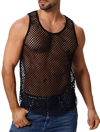 ABAFIP Men's Fishnet Mesh Tank Top Sleeveless Sheer Shirt Gym Workout Fitted Muscle Top Undershirt Black Medium - Image 2