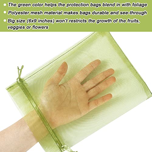 HRX Package 100pcs Fruit Protection Bags 6x9 inch, Green Netting Cover Bags Drawstring Mesh Fruit Protectors Pest Barrier for Tomato Mango Trees Veggies Garden - Image 4