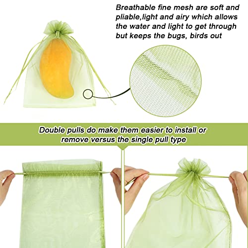 HRX Package 100pcs Fruit Protection Bags 6x9 inch, Green Netting Cover Bags Drawstring Mesh Fruit Protectors Pest Barrier for Tomato Mango Trees Veggies Garden - Image 2