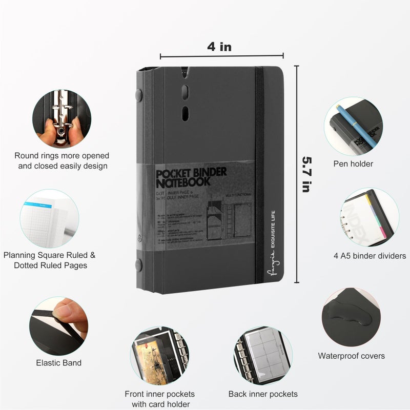 CAGIE A7 Binder 6 Ring Notebook with Dividers Refillable Planner Binder with Pockets, A5 Refill Paper Include Planning Square Ruled and Dotted Pages, 4.13 x 5.71 In, (Grey, A7 Hourly¨ Page) - Image 3