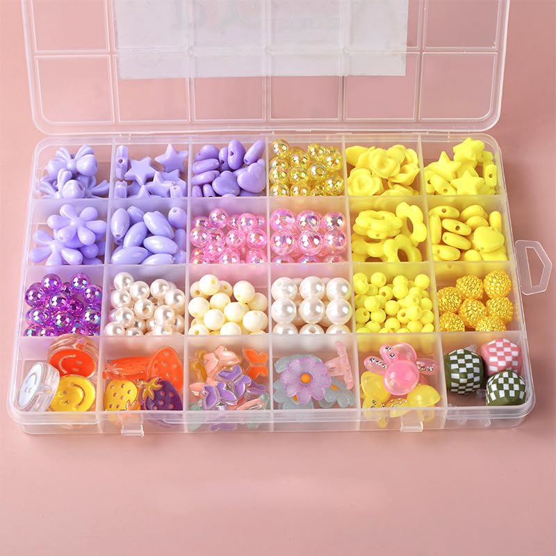 Capstro 24 Grid Acrylic Beads Jewelry Making Kit Crystal Candy – DIY Bead Box with 24 Compartments of Colorful Beads, Charms & Strings – Creative Arts & Crafts Gift for Girls Age 4–10