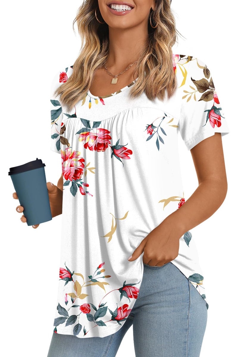LONGYUAN 2026 Summer Trendy Ladies Tunic Tops Casual Short Sleeve Shirts Pleated Front Blouse Fl Large Floral White - Image 1