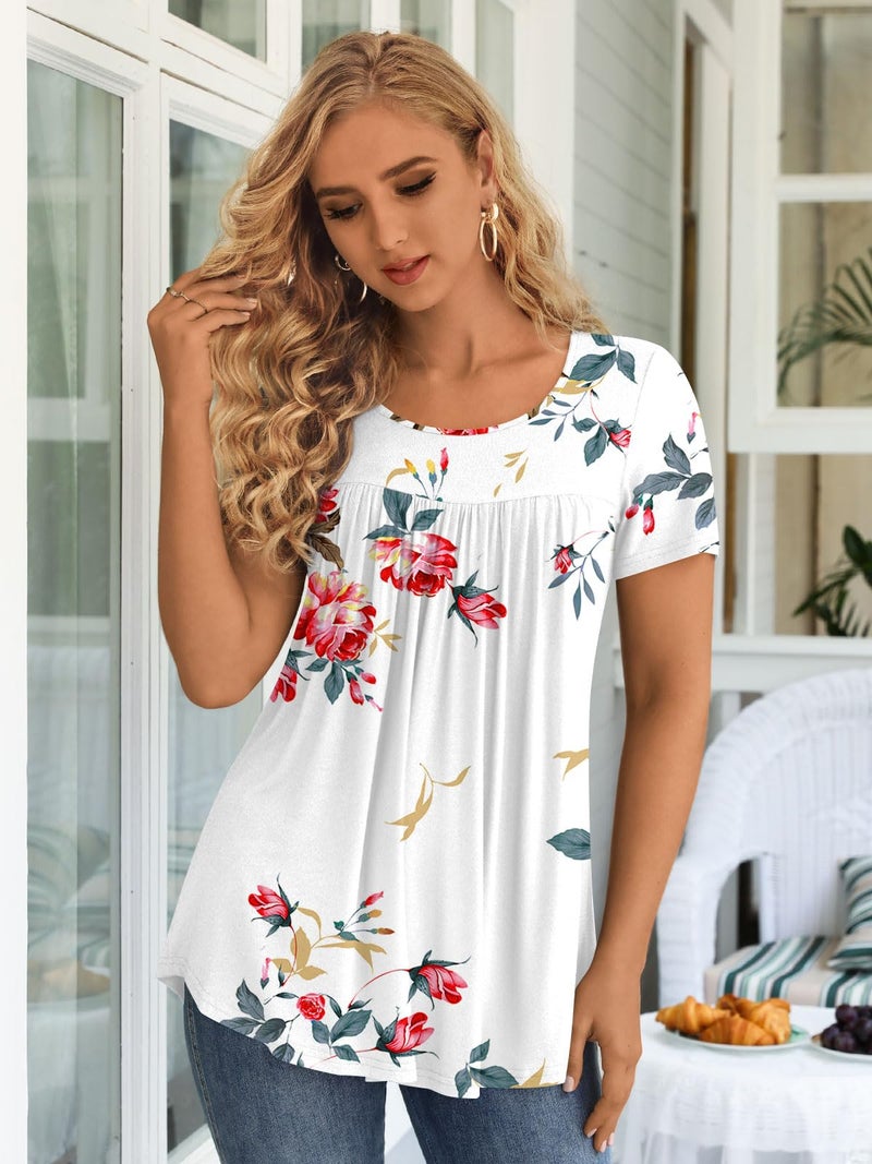 LONGYUAN 2026 Summer Trendy Ladies Tunic Tops Casual Short Sleeve Shirts Pleated Front Blouse Fl Large Floral White - Image 2