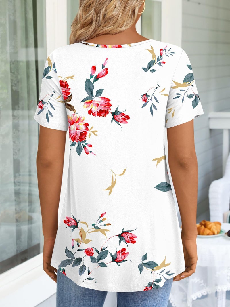 LONGYUAN 2026 Summer Trendy Ladies Tunic Tops Casual Short Sleeve Shirts Pleated Front Blouse Fl Large Floral White - Image 3