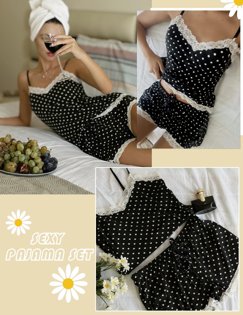 Avidlove Sexy Pajama Set for Women Cami Lace Trim PJ Set with Shorts Modal Sleepwear Dot Print - Image 3