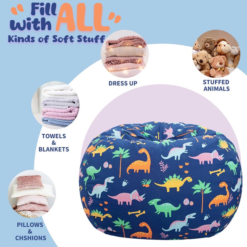 WEKAPO Stuffed Animal Storage Bean Bag Chair Cover for Kids | Stuffable Zipper Beanbag for Organizing Children Plush Toys Large Premium Cotton Canvas (Dinosaur, X-Large) - Image 5