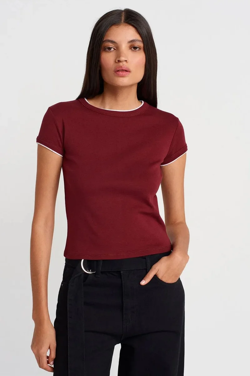 Dilvin Burgundy Red DILVIN Women's Slim Fit Cotton Crop T-Shirt for Women | Best Price UAE