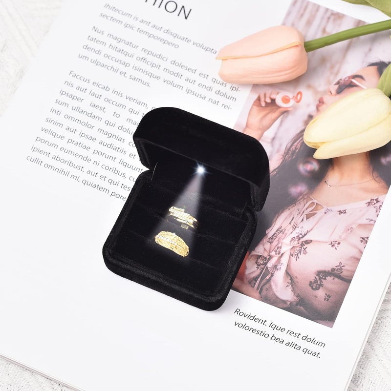Omeet Velvet Metal Glossy Double Slot with LED Jewelry Gift Box for Proposal, Engagement, Wedding - Easy to fit into Your Pocket or Handbag - Black - Image 3