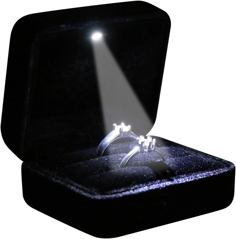 Omeet Velvet Metal Glossy Double Slot with LED Jewelry Gift Box for Proposal, Engagement, Wedding - Easy to fit into Your Pocket or Handbag - Black - Image 1