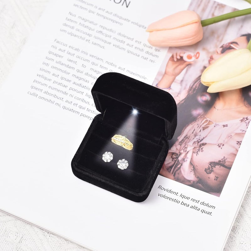 Omeet Velvet Metal Glossy Double Slot with LED Jewelry Gift Box for Proposal, Engagement, Wedding - Easy to fit into Your Pocket or Handbag - Black - Image 2