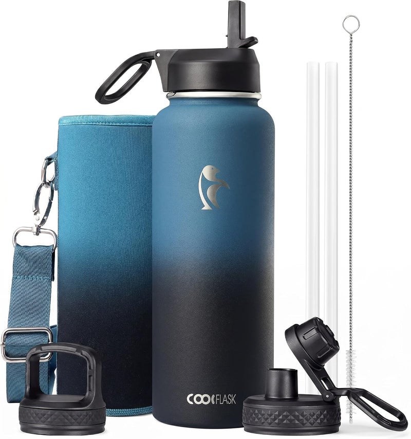 Coolflask Water Bottle 40 oz Insulated with Straw, Stainless Steel Metal 3 Lids Water Flask for Sports or Office, Keep Cold 48H Hot 24H, Samurai Cyan - Image 1