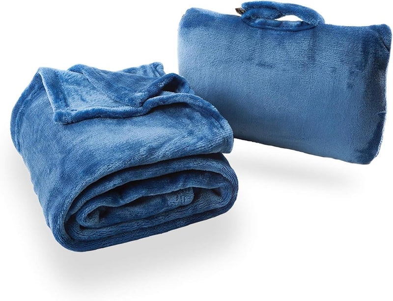 Cabeau Fold ‘n Go Travel and Throw Blanket Plus Compact Case - For Home and Travel - Doubles as Lumbar Pillow and Neck Support Pillow - French Microfiber Comfort - Blue