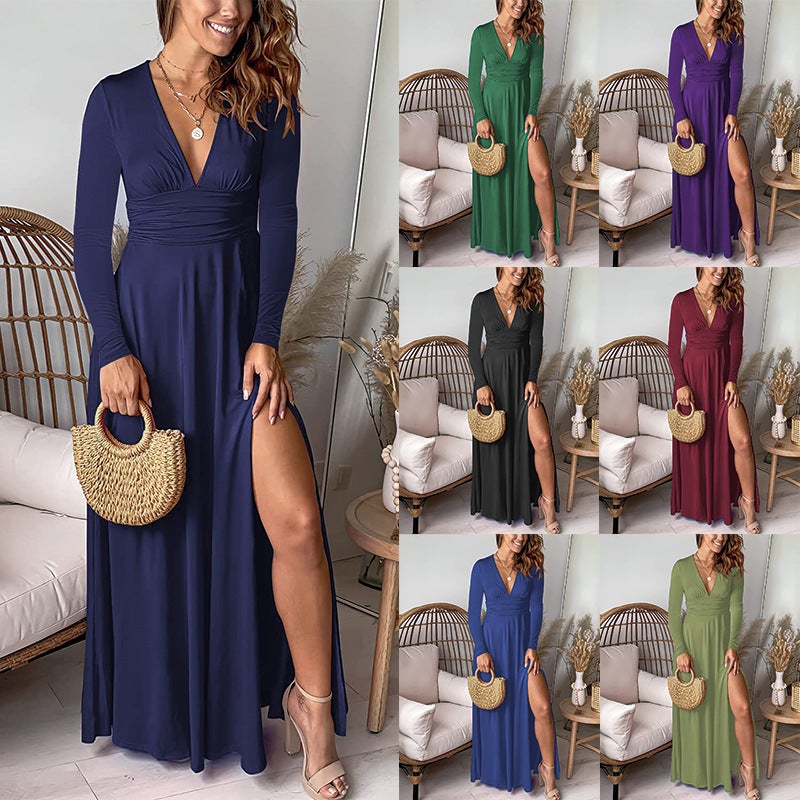 Deep V-Neck Long Sleeve Ruched High-Waist Slit Party Gown Black - Image 2