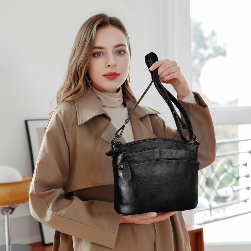 HESHE Crossbody Purses for Women Genuine Leather Purses and Handbags Designer Satchel Purse with Multi-Pockets Vintage Small Shoulder Bags Ladies Hobo Bag (Black) - Image 3