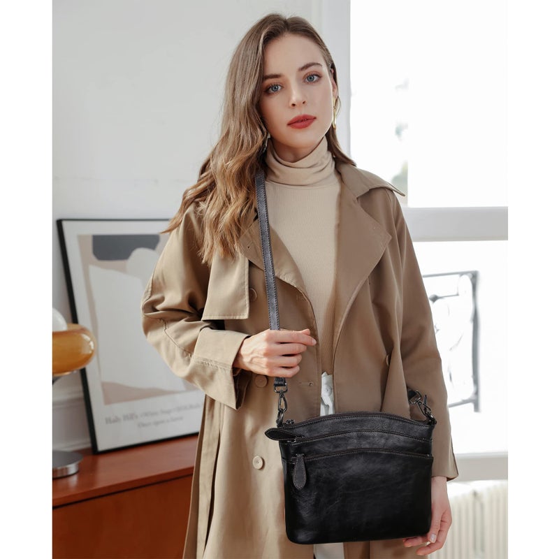 HESHE Crossbody Purses for Women Genuine Leather Purses and Handbags Designer Satchel Purse with Multi-Pockets Vintage Small Shoulder Bags Ladies Hobo Bag (Black) - Image 2