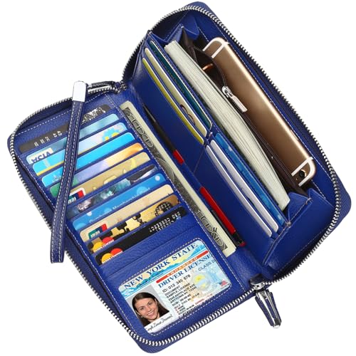 Lavemi Women's RFID Blocking 100% Leather Large Capacity Zip Around Wallet Phone Holder Clutch Travel Purse Wristlet(Large Size Navy Blue) - Image 1