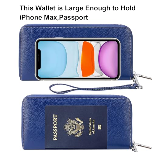 Lavemi Women's RFID Blocking 100% Leather Large Capacity Zip Around Wallet Phone Holder Clutch Travel Purse Wristlet(Large Size Navy Blue) - Image 5