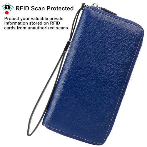 Lavemi Women's RFID Blocking 100% Leather Large Capacity Zip Around Wallet Phone Holder Clutch Travel Purse Wristlet(Large Size Navy Blue) - Image 2