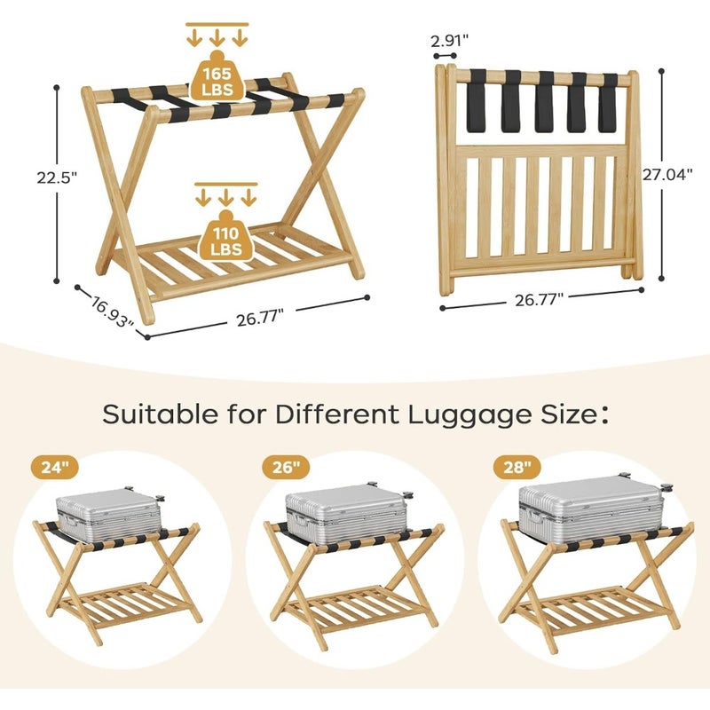 Fully Assembled Bamboo Luggage Racks, Upgraded Foldable Suitcase Stand with 5 Nylon Straps, Luggage Holders with Shoe Shelf Ideal for Guest Room, Bedroom, Hotel, Honey Oak - Image 2