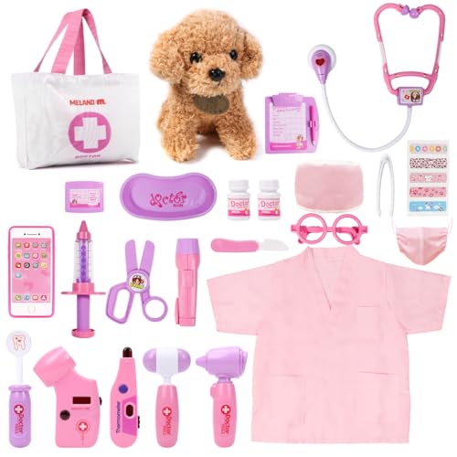 Meland Toy Doctor Kit for Girls, Pretend Play Toy Doctor Set with Dog , Carrying Bag, Stethoscope & Dress Up Costume Gift for Kids Toddlers Ages 3 4 5 6 Year Old for Role Play - Image 1