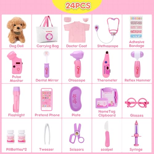Meland Toy Doctor Kit for Girls, Pretend Play Toy Doctor Set with Dog , Carrying Bag, Stethoscope & Dress Up Costume Gift for Kids Toddlers Ages 3 4 5 6 Year Old for Role Play - Image 3