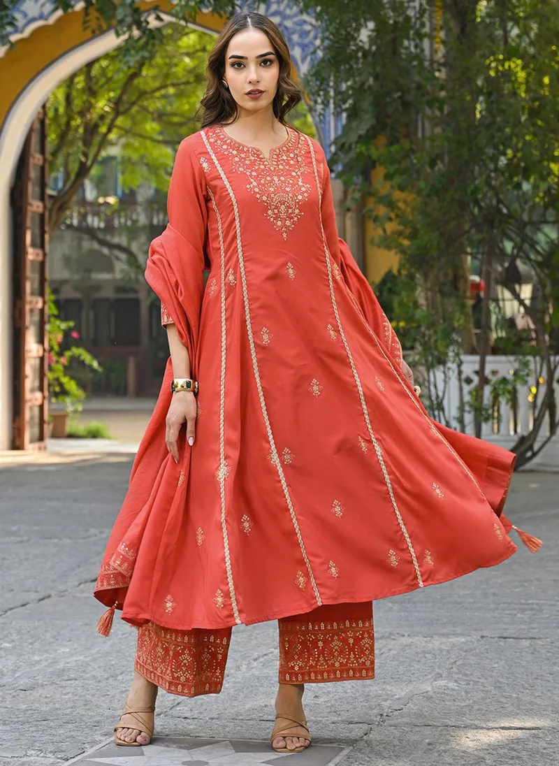 زيري سوق Orange Silk Blend Embroidered Anarkali 3-Piece Kurta Set