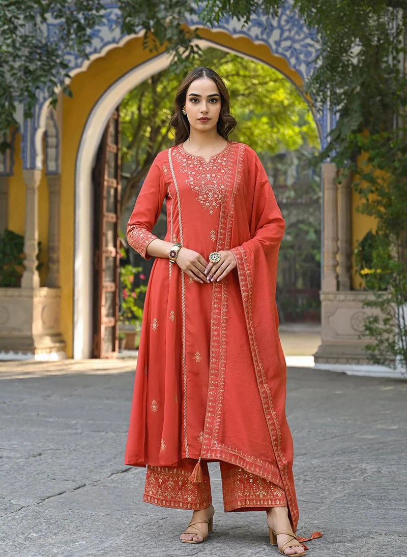 زيري سوق Orange Silk Blend Embroidered Anarkali 3-Piece Kurta Set